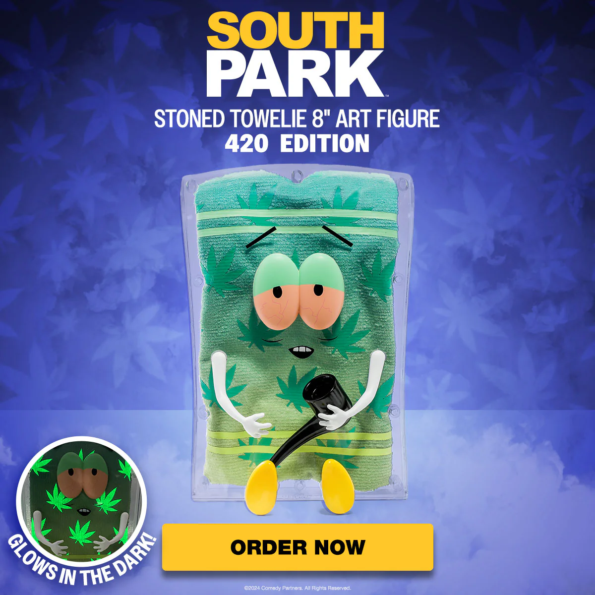 South Park Stoned Towelie with Pipe Glow-in-the-Dark Pot Leaf 8” Art Figure - 420 Edition - SOLD OUT