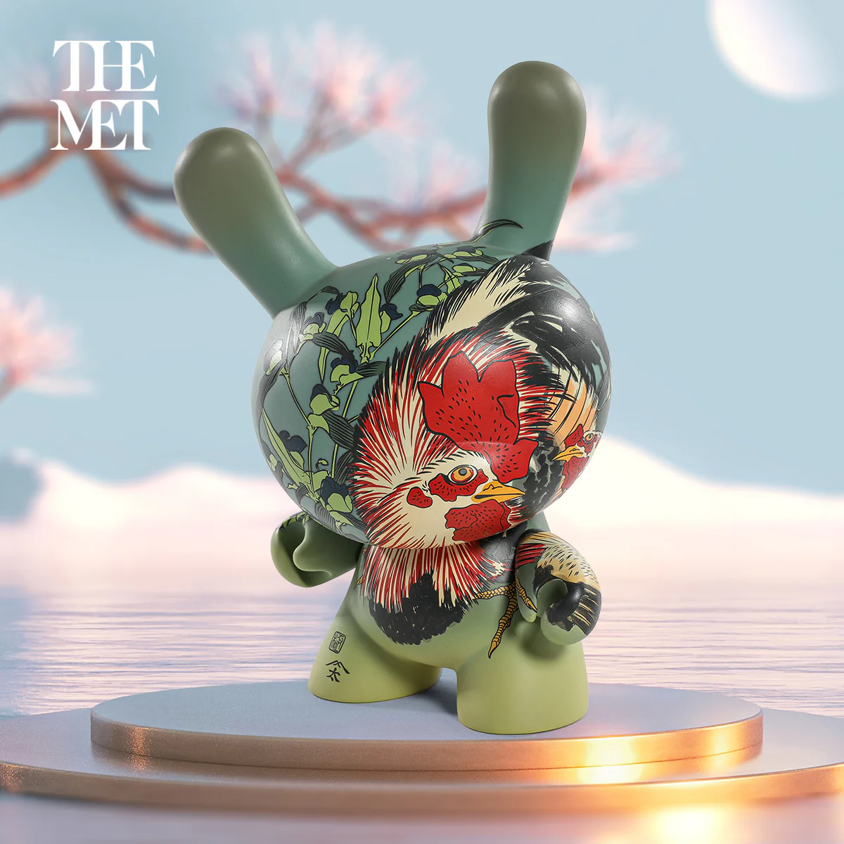 The Met 3" Showpiece Dunny Vinyl Art Figure - Rooster, Hen and Chicken with Spiderwort by Katsushika Hokusai